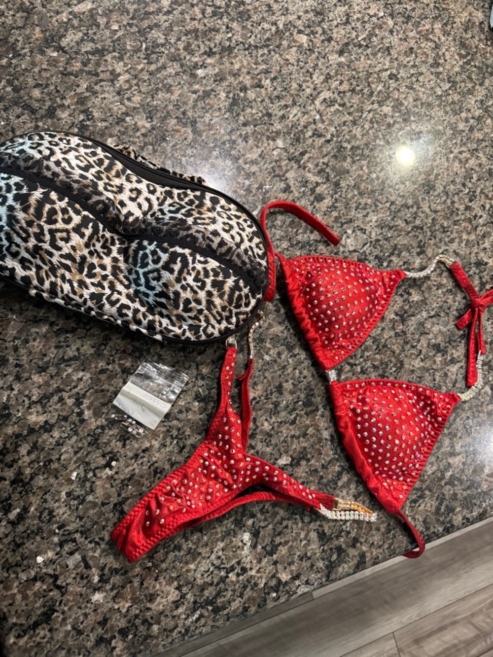 Red Rhinestone Bikini Set with Leopard Travel Case